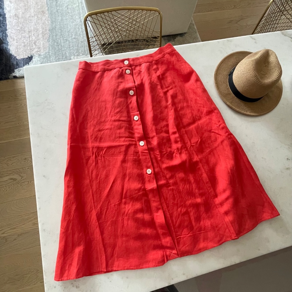 Loft | Midi Skirt Linen Blend Button Front